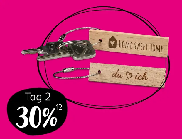 Schlüsselanhänger aus Holz mit Gravuren 'Home Sweet Home' und 'du ♥ ich', mit 30 % Rabatt in den Black Friday Angeboten 2024.
