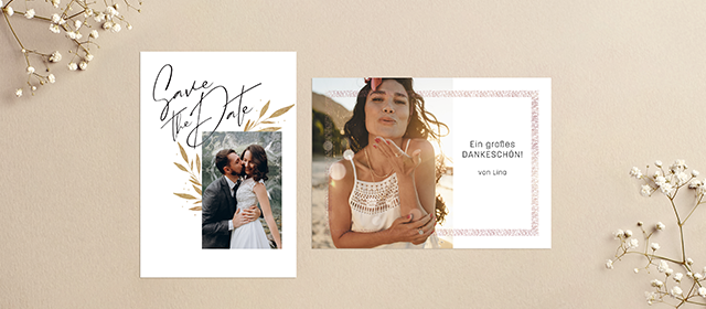 Zwei Karten mit persönlichen Fotos, eine Save-the-Date-Karte und eine Dankeskarte in elegantem Design.
