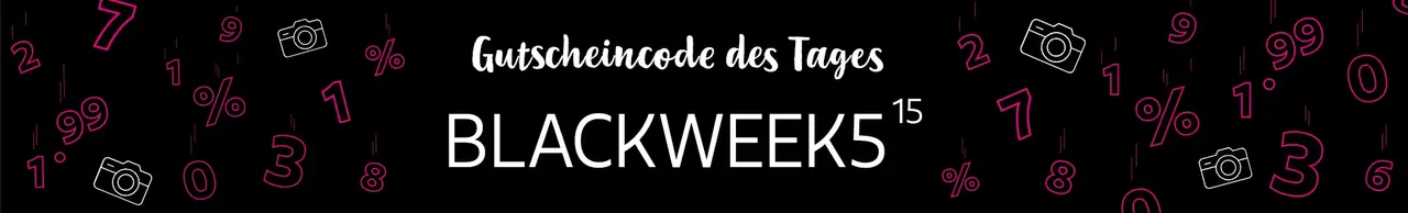 Unser Gutscheincode des Tages zur Black Week 2024 auf schwarzem Hintergrund, verziert mit pinken Zahlen und Prozentzeichen