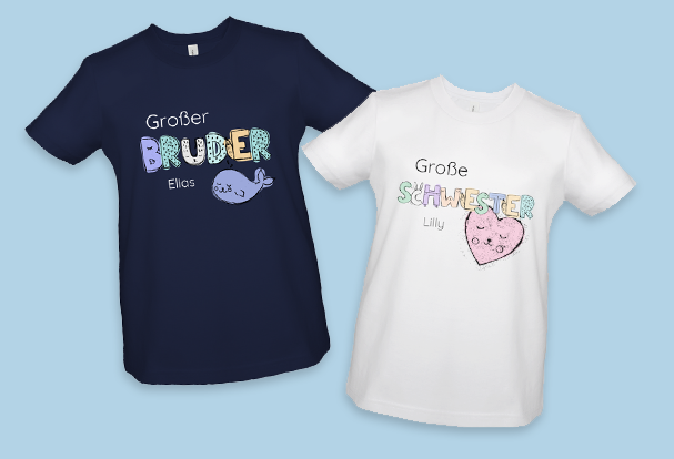 Diese Geschwistershirts mit Namen und Cliparts sind süße Babygeschenke, personalisiert für stolze große Brüder und Schwestern.