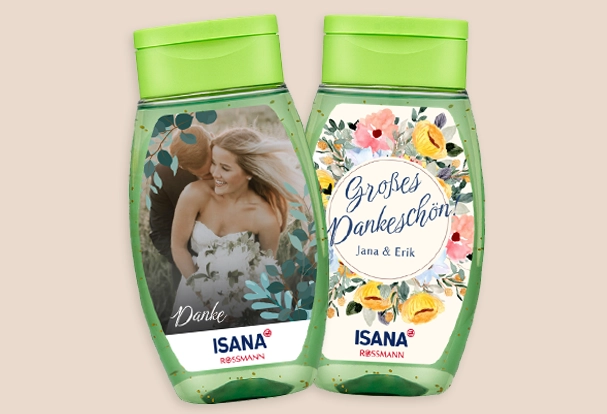 ISANA Pflegedusche mit personalisiertem Etikett als Fotogeschenke Hochzeit –  eine kleine Wohltat nach einer durchtanzten Nacht.