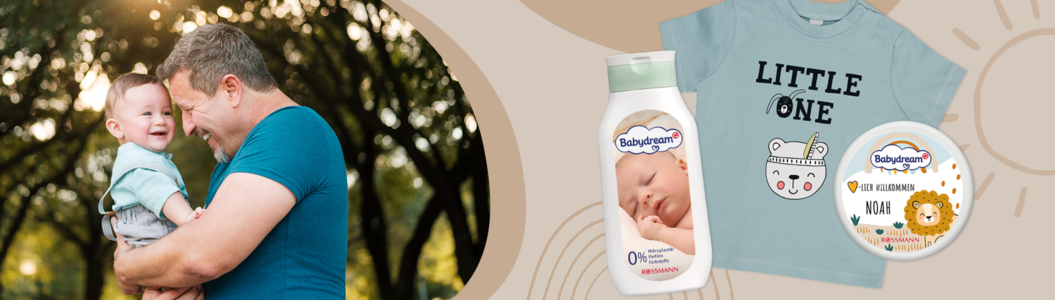 Ein Vater mit Baby auf dem Arm, daneben sind personalisierte Geschenke zur Geburt zu sehen, wie Creme, T-Shirt und Schaumbad.