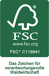 Diese Grafik zeigt das FSC-Logo, das für nachhaltige Geschenkideen aus verantwortungsvoller Waldwirtschaft steht.