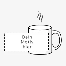 Weiße Kaffeetasse mit Dampf und dem Text ‚Dein Motiv hier‘ als Platzhalter im Format 19,0 x 8,0 cm. 