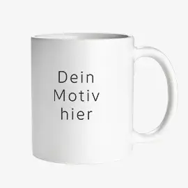 Weiße Tasse mit matter Oberfläche und schwarzem Text 'Dein Motiv hier'. 
