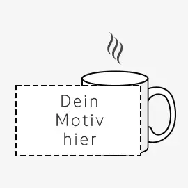 Weiße Tasse mit Dampf und dem Text ‚Dein Motiv hier‘ als Platzhalter im Format 20 x 10 cm. 