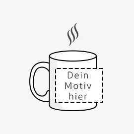 Weiße Tasse mit Henkel links, Dampf und dem Text ‚Dein Motiv hier‘ als Platzhalter im Format 9,7 x 6,5 cm. 