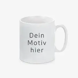 Weiße leere Tasse mit schwarzem Text 'Dein Motiv hier'. 