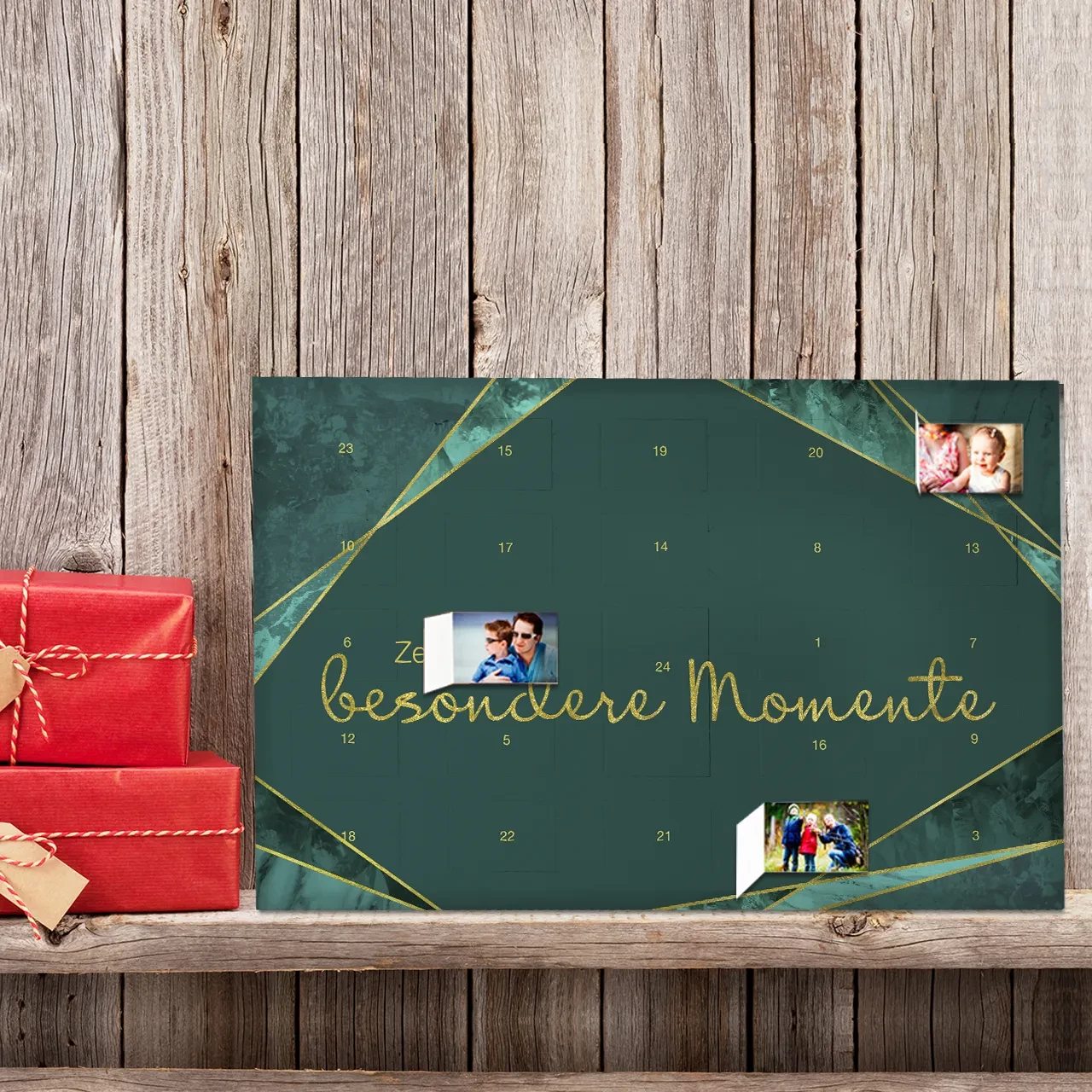 Personalisierter Adventskalender: 24 Türchen mit euren Lieblingsfotos – perfekt als Poster nutzbar und teilweise mit Würfelspiel auf der Rückseite! Jetzt gestalten!