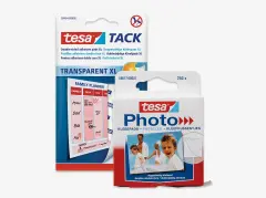 Zwei Verpackungen, tesa® Tack Transparent XL sowie tesa® Photo doppelseitigen Klebepads, ideal zur Fixierung leichter Objekte.