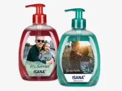ISANA Handseife Foto-Etiketten selbst gestalten in der ROSSMANN Fotowelt. Verschiedene Sorten mit Grapefruit- und Minz-Extrakt oder mit grünem Tee im 500 ml Pumpspender.
