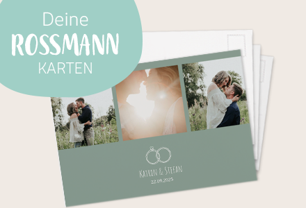 Diese moderne Hochzeitskarte zeigt ein Paar in liebevollen Momenten und lädt dazu ein, eigene Karten drucken zu lassen.